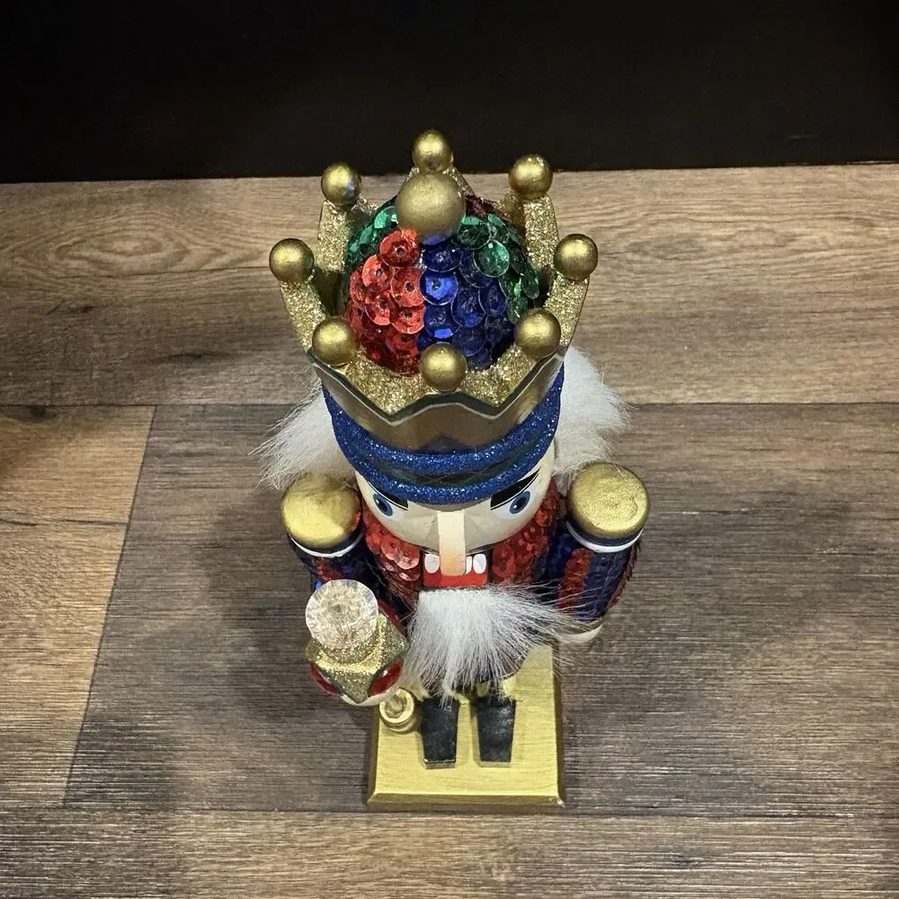 12” Sequin Nutcracker King Christmas Decor Red Blue Gold Crown Jeweled Scepter